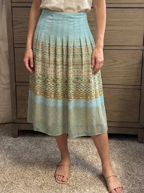 Christopher & Banks Aqua and Gold Pleated Midi Skirt